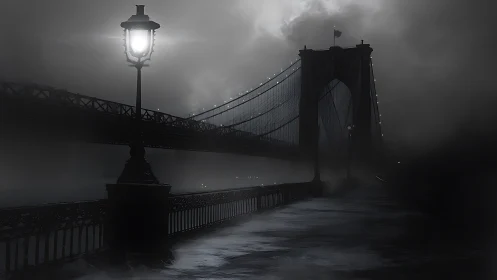 Lone riverlamp keeps midnight watch over the shrouded bridge