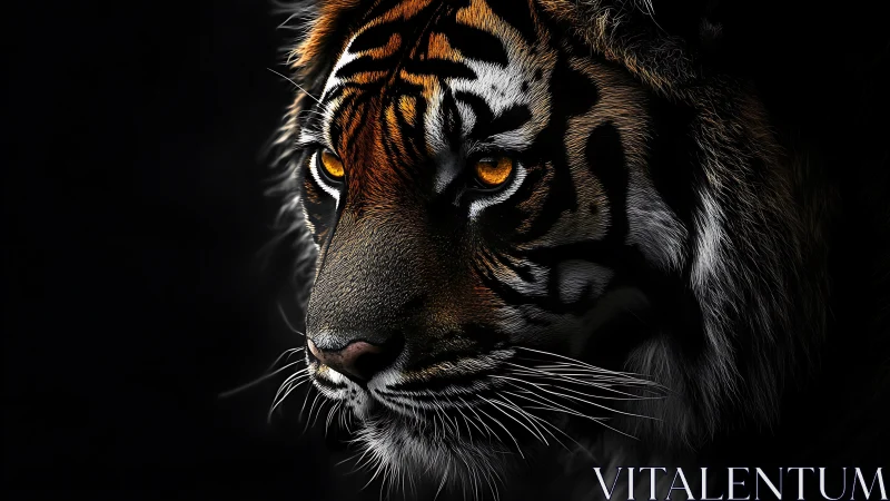 Tiger close-up with glowing amber eyes on dark background.