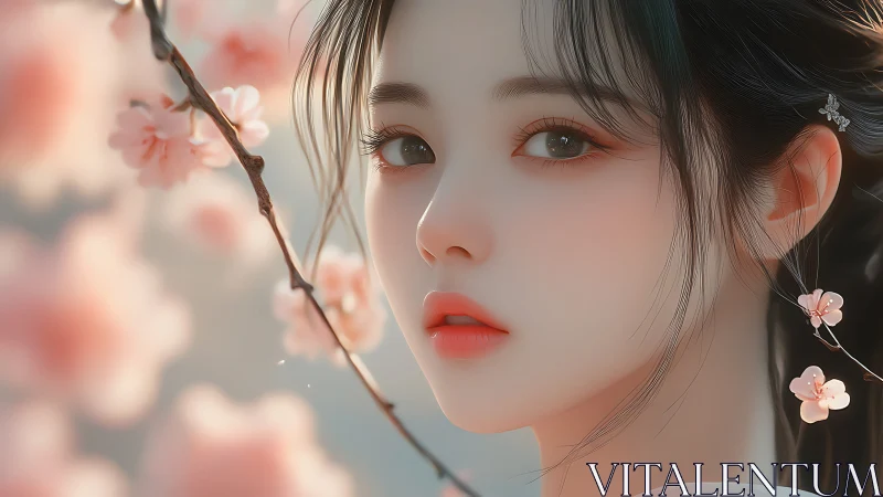 Soft spring portrait frames serene gaze among blossoms.