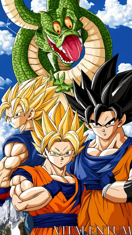 Anime warriors under green dragon against vivid sky.