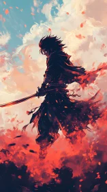 Silhouetted swordsman in red smoke against sky backdrop.