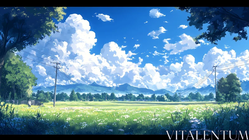 Summer countryside field under wide blue clouded sky.