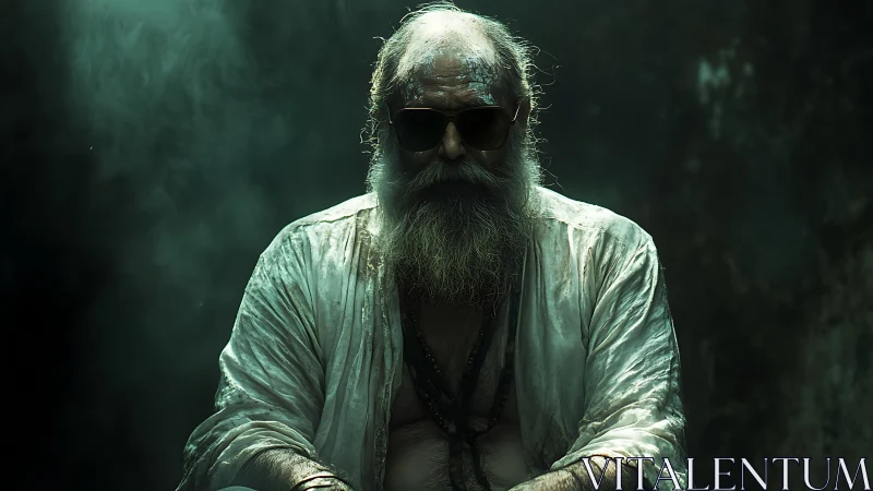 Elderly bearded man in sunglasses seated in dim light.