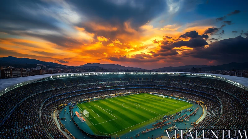 Sunset sky ignites packed football stadium panorama.