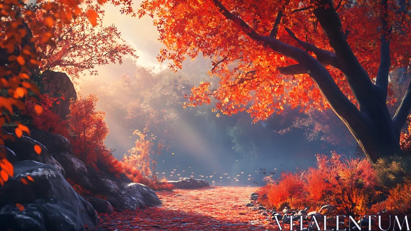 Autumn forest stream with red foliage and filtered daylight.