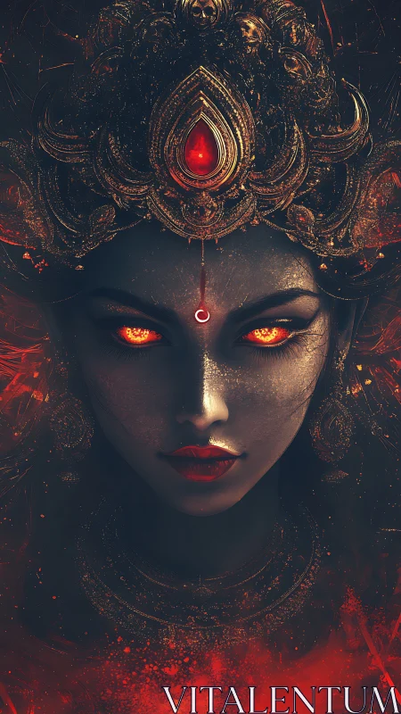 Fiery goddess portrait with glowing eyes and ornate crown.