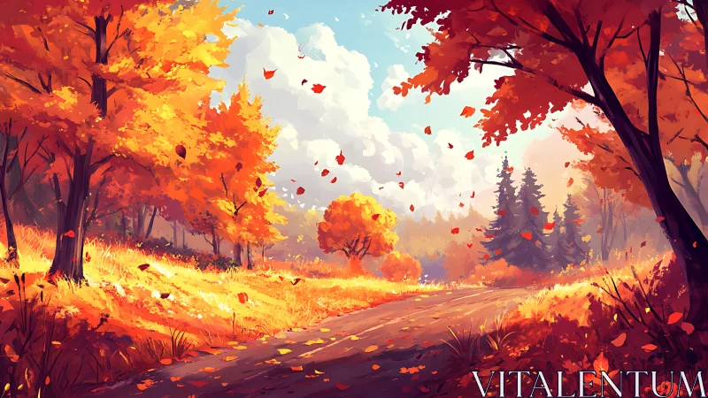Autumn Forest Road with Falling Leaves and Trees