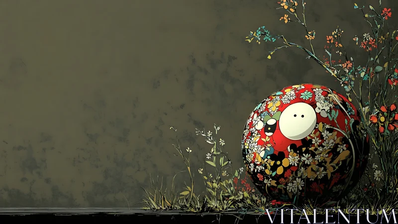 Floral red sphere rests beside sparse wild garden wall