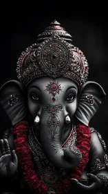 Ganesha statue with ornate crown and garland on dark ground.