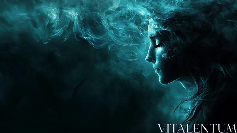 Ethereal female profile dissolves into teal luminous smoke