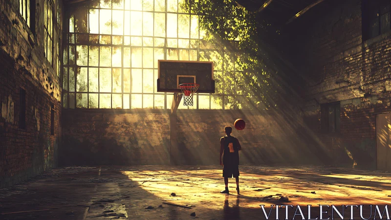 Boy dribbles basketball in sunlit abandoned warehouse court.