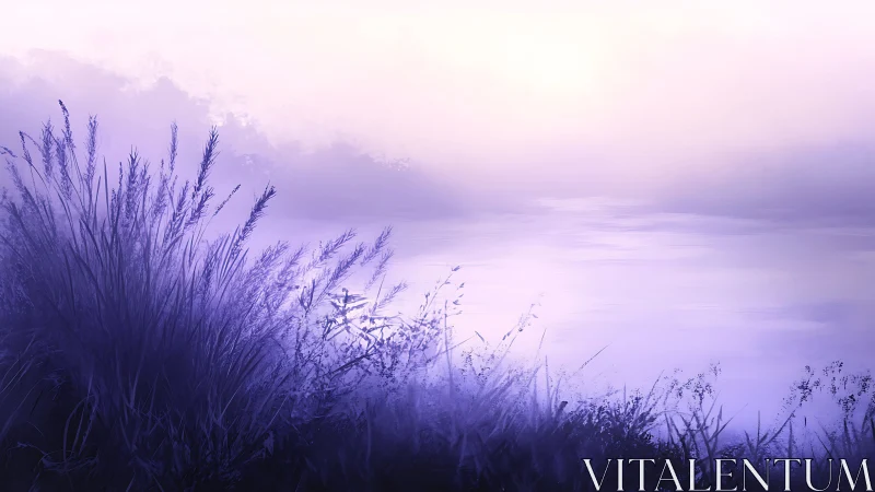 Lavender riverbank hush under a dreamy morning sky.