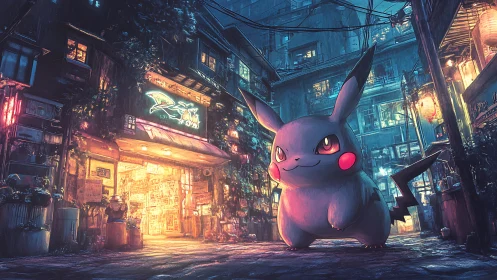 Neon alley shimmers while a colossal Pikachu claims midnight