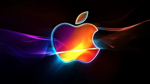 Luminous apple emblem with neon light trails on black.
