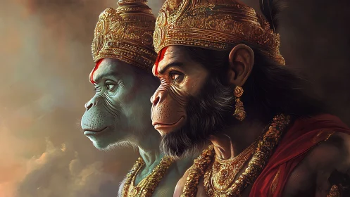 Divine simian warriors gaze into a storm-lit sacred horizon