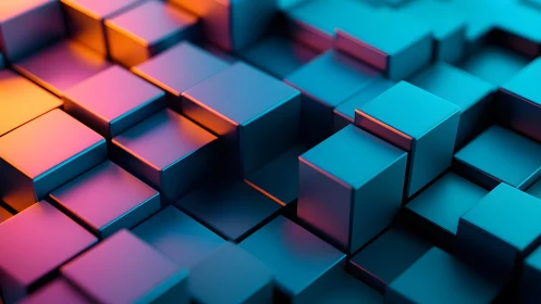 Abstract 3D Cubes Pattern in Vibrant Neon Blue and Orange Lighting.
