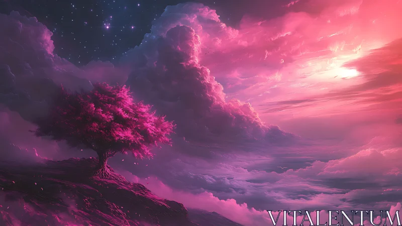 Lone pink tree above vivid magenta and violet clouds.