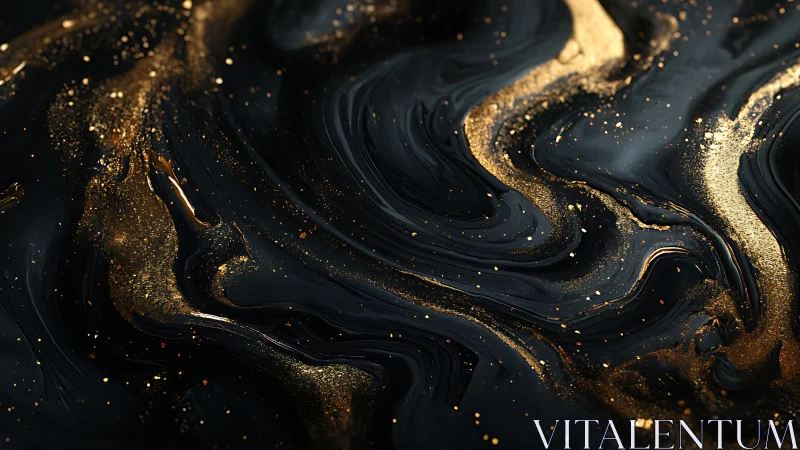 Black fluid surface with dispersed metallic gold streaks.