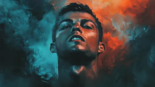 Bold portrait rises between fire and misty blue smoke