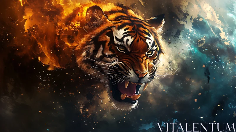 Roaring tiger head erupts amid fiery and smoky cosmos
