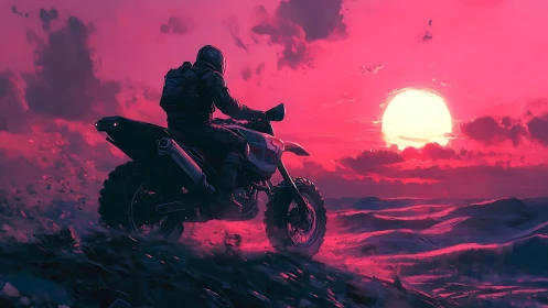 Motorcyclist rides off-road toward large sun at horizon