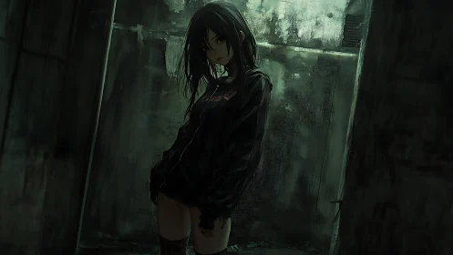 Moody anime girl stands alone in a narrow grimy alleyway.