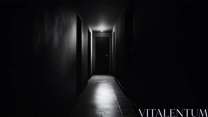 Monochrome corridor receding into deep negative space.