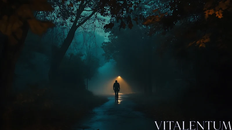 Lone figure on wet forest road under distant streetlamp.