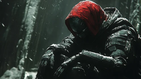 Armored figure in red hood seated in falling snow forest.