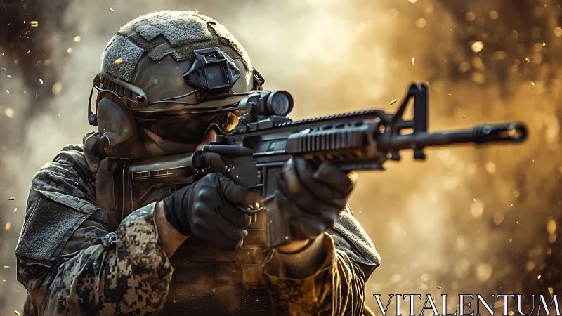 Modern soldier aiming rifle in dynamic combat environment.