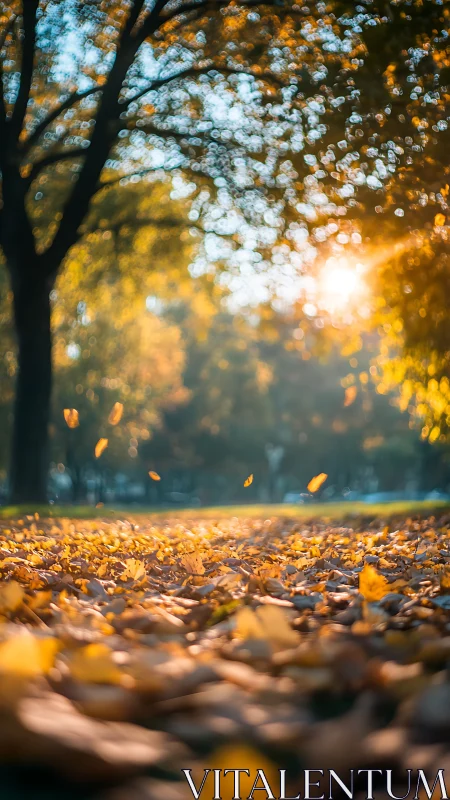Low angle view records fallen leaves under defocused trees