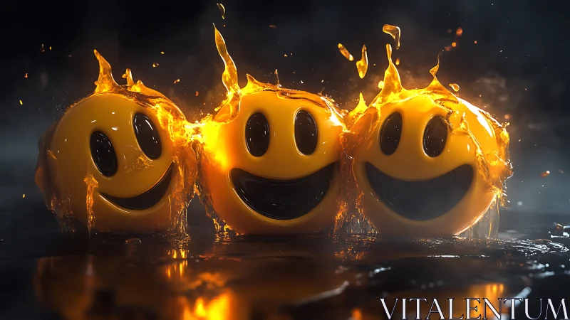 Three molten smiley spheres are aligned on a reflective surface