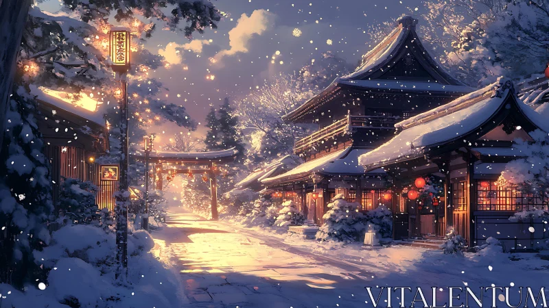 Snow-laden Shinto street illuminated by warm lantern emissive lighting