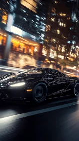 Black sports car accelerates through night city street