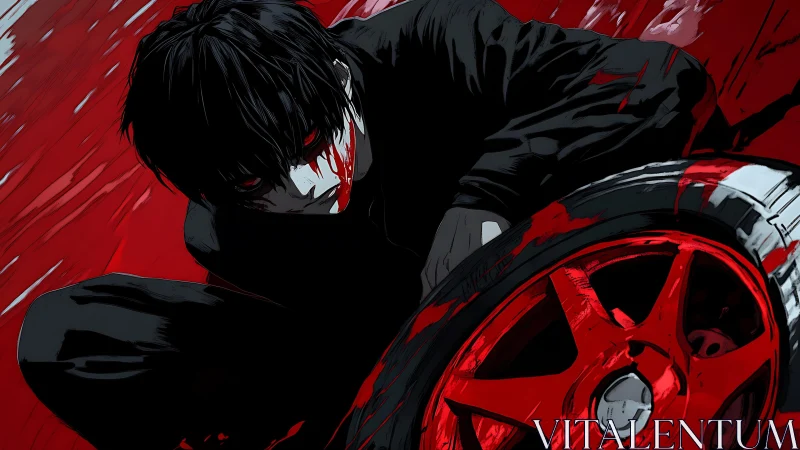 High-contrast anime figure crouching by red blood-smeared wheel