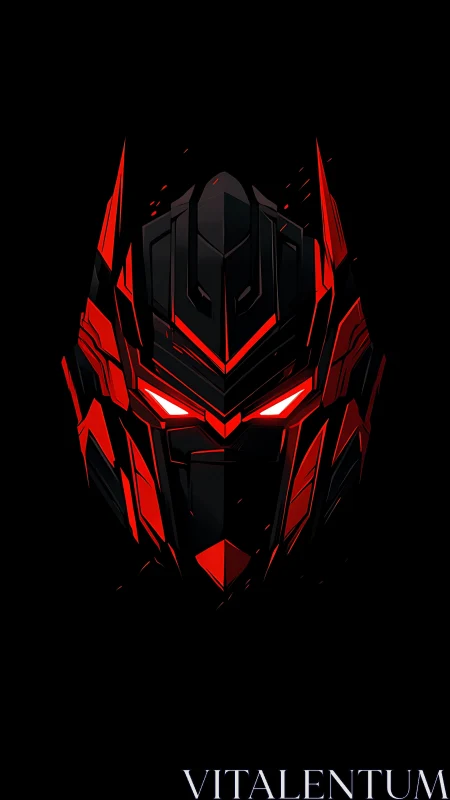 Red and black robotic helmet face on dark black background.