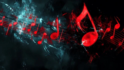 Crimson music notes streaking across dark abstract space.