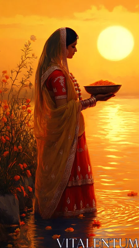 Woman holds floral offering by river at orange sunset