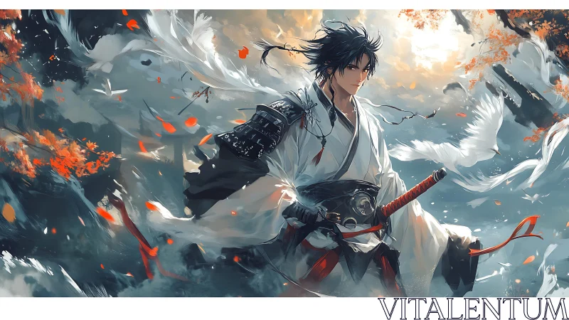 Samurai warrior framed by swirling cranes and autumn embers