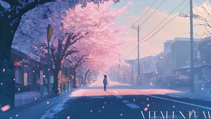 Solitary figure walks under luminous cherry blossoms at dusk