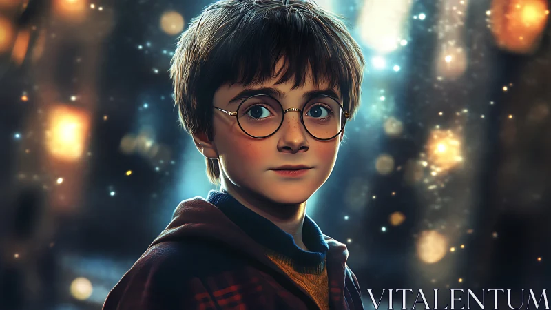 Young bespectacled boy in glowing magical bokeh scene.
