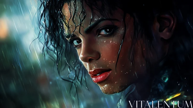 Wet-faced person stares intensely through streaking rain