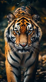 Ember-eyed tiger strides through shadowed forest hush.