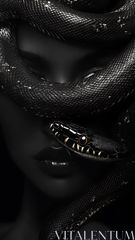 Monochrome portrait of human face partially obscured by snake.