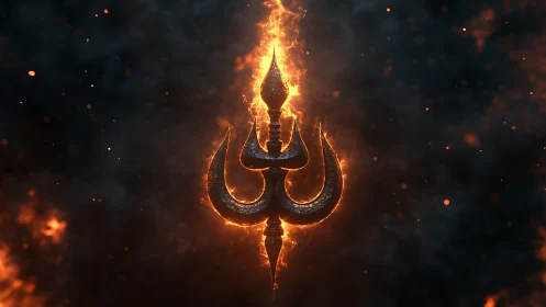 Fiery trident emblem burns through dark swirling smoke