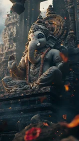 Majestic stone Ganesha idol in cinematic temple lighting.