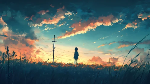 Quiet sunset meadow with a dreaming child under soft clouds.