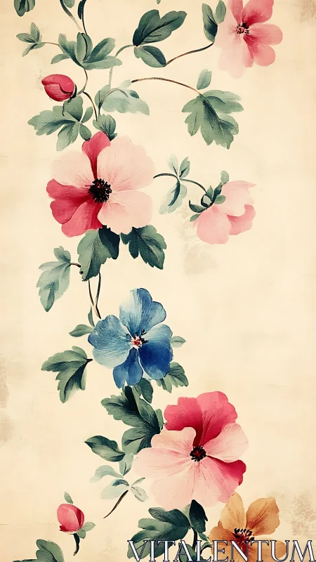 Delicate watercolor florals cascade on vintage parchment.