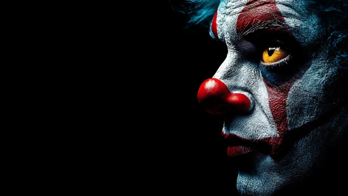 Sinister side-profile clown portrait with vivid yellow eye.