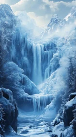 Frozen mountain waterfall descends through layered icy cliffs